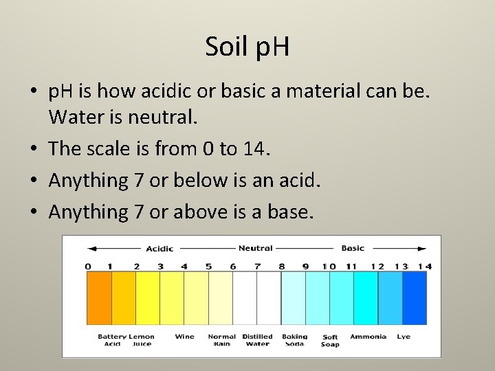Soil p. H • p. H is how acidic or basic a material can