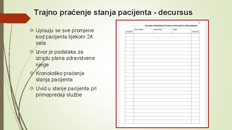 Trajno praćenje stanja pacijenta - decursus Upisuju se sve promjene kod pacijenta tijekom 24