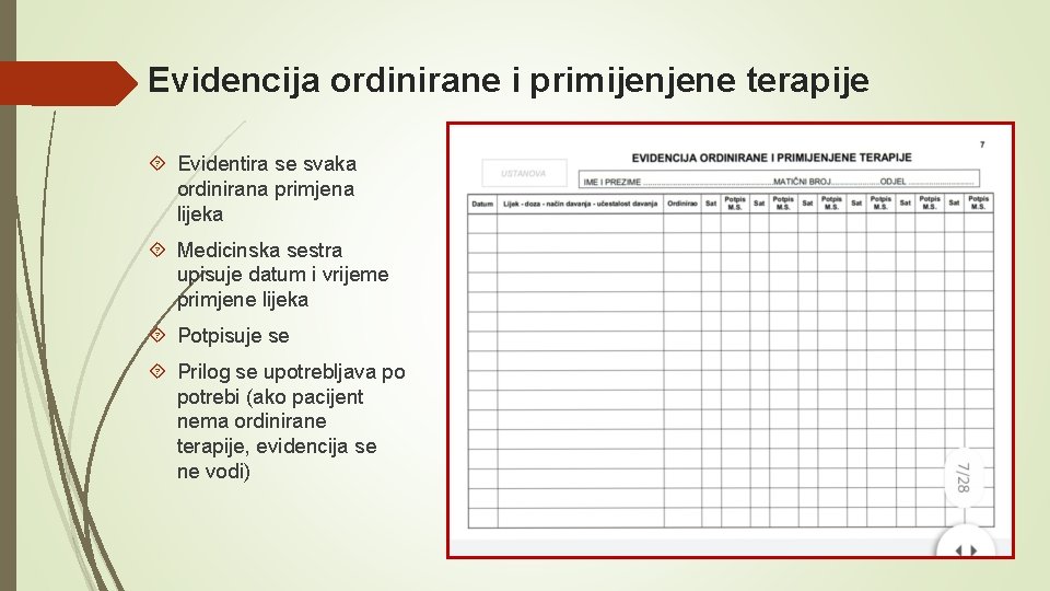 Evidencija ordinirane i primijenjene terapije Evidentira se svaka ordinirana primjena lijeka Medicinska sestra upisuje Evidencija ordinirane i primijenjene terapije Evidentira se svaka ordinirana primjena lijeka Medicinska sestra upisuje