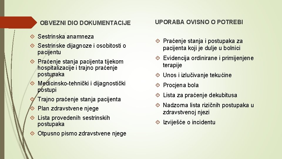 OBVEZNI DIO DOKUMENTACIJE Sestrinska anamneza Sestrinske dijagnoze i osobitosti o pacijentu Praćenje stanja pacijenta