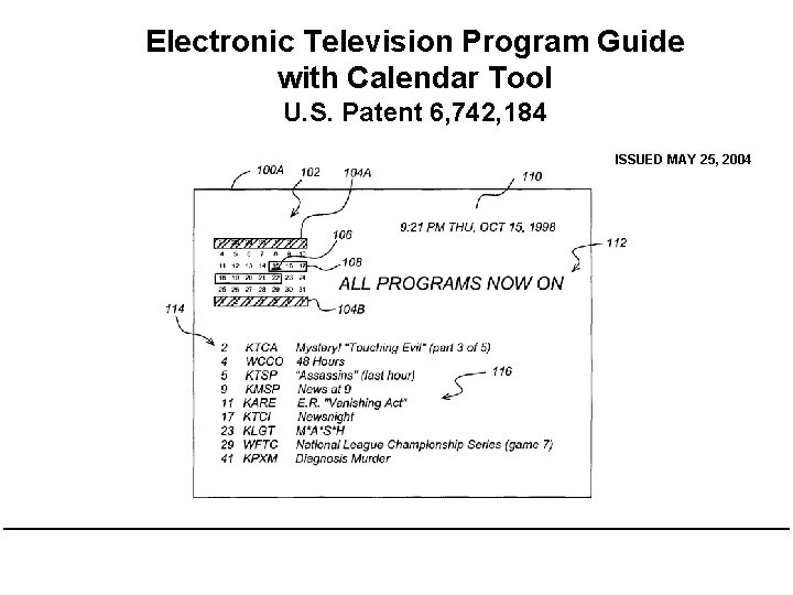 Electronic Television Program Guide with Calendar Tool U. S. Patent 6, 742, 184 ISSUED