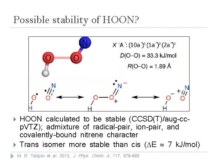 Possible stability of HOON? HOON calculated to be stable (CCSD(T)/aug-ccp. VTZ); admixture of radical-pair,