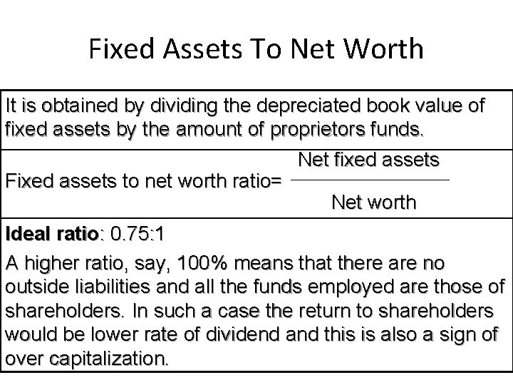 Fixed Assets To Net Worth It is obtained by dividing the depreciated book value