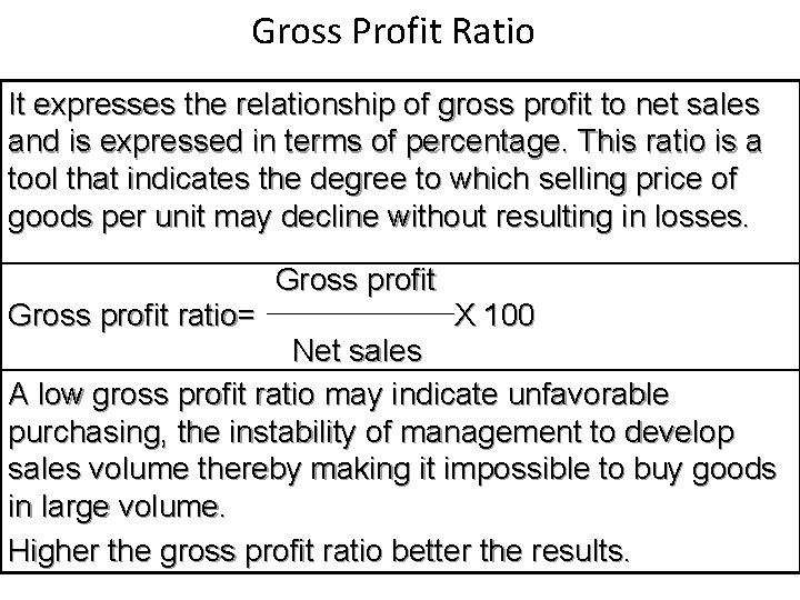 Gross Profit Ratio It expresses the relationship of gross profit to net sales and