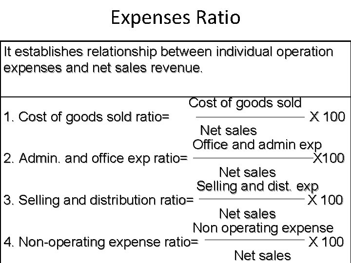 Expenses Ratio It establishes relationship between individual operation expenses and net sales revenue. 1.
