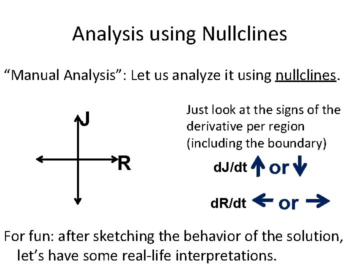 Analysis using Nullclines “Manual Analysis”: Let us analyze it using nullclines. Just look at