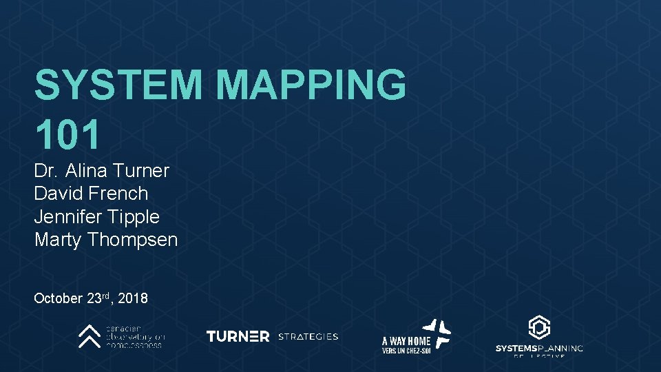 SYSTEM MAPPING 101 Dr. Alina Turner David French Jennifer Tipple Marty Thompsen October 23