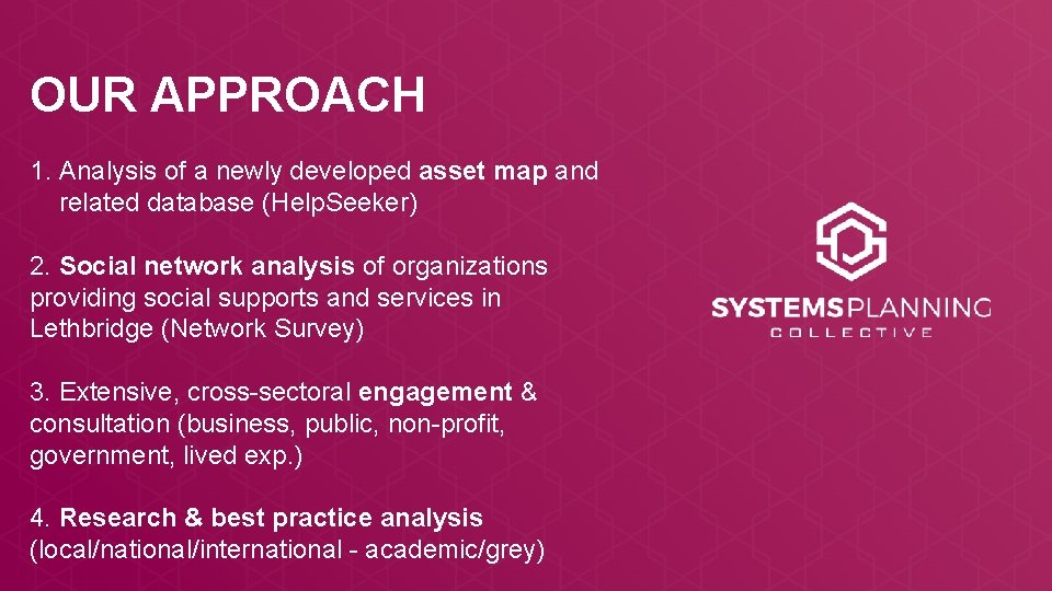 OUR APPROACH 1. Analysis of a newly developed asset map and related database (Help.