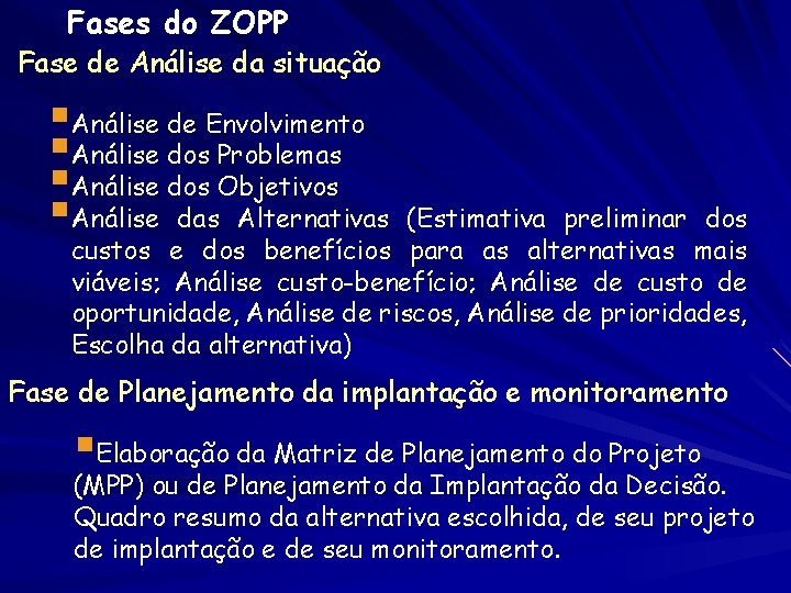 Fases do ZOPP Fase de Análise da situação §Análise de Envolvimento §Análise dos Problemas Fases do ZOPP Fase de Análise da situação §Análise de Envolvimento §Análise dos Problemas