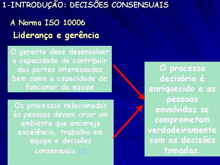 1 -INTRODUÇÃO: DECISÕES CONSENSUAIS A Norma ISO 10006 Liderança e gerência O gerente deve 1 -INTRODUÇÃO: DECISÕES CONSENSUAIS A Norma ISO 10006 Liderança e gerência O gerente deve