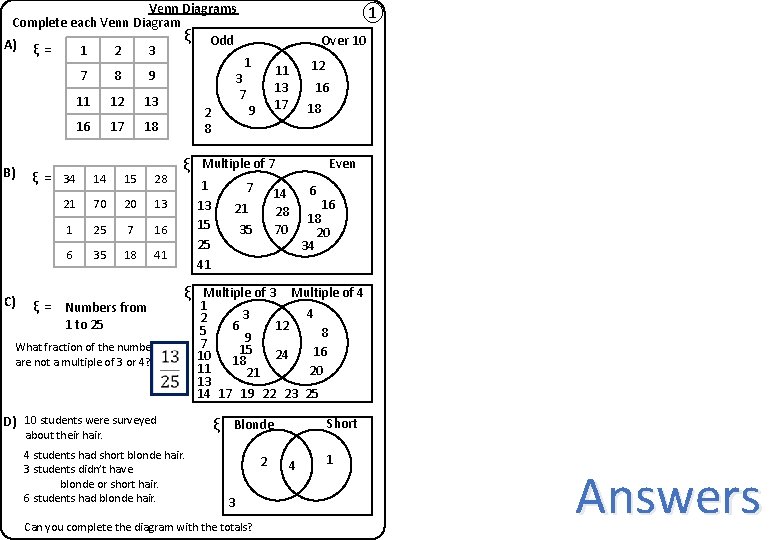 Venn Diagrams Complete each Venn Diagram ξ Odd A) ξ = 1 2 3