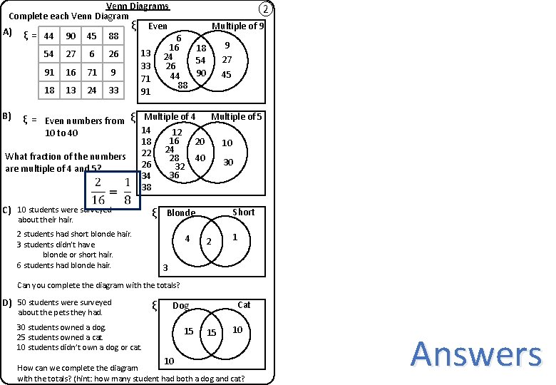 Venn Diagrams ② Complete each Venn Diagram Multiple of 9 ξ Even A) ξ