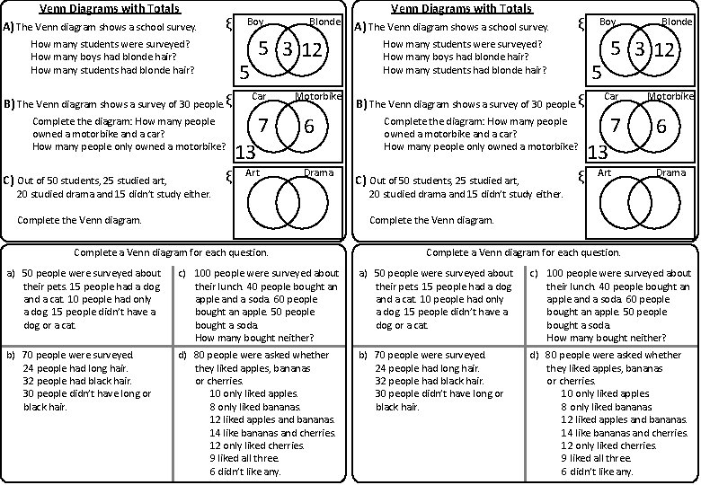 Venn Diagrams with Totals A) The Venn diagram shows a school survey. ξ How