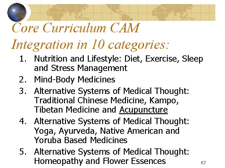 Core Curriculum CAM Integration in 10 categories: 1. Nutrition and Lifestyle: Diet, Exercise, Sleep