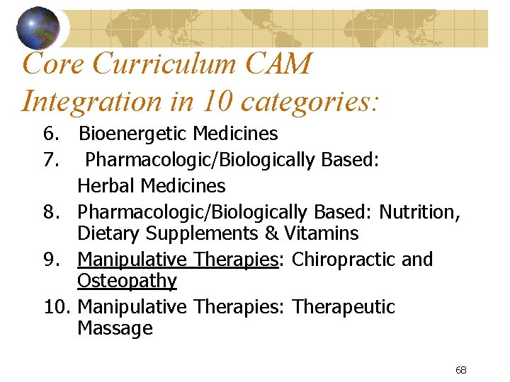 Core Curriculum CAM Integration in 10 categories: 6. Bioenergetic Medicines 7. Pharmacologic/Biologically Based: Herbal