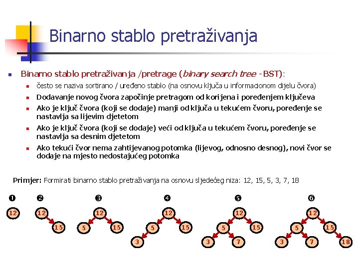 Binarno stablo pretraživanja /pretrage (binary search tree - BST): n n često se naziva