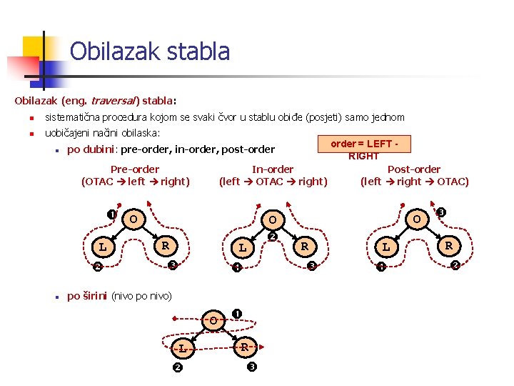 Obilazak stabla Obilazak (eng. traversal) stabla: n sistematična procedura kojom se svaki čvor u