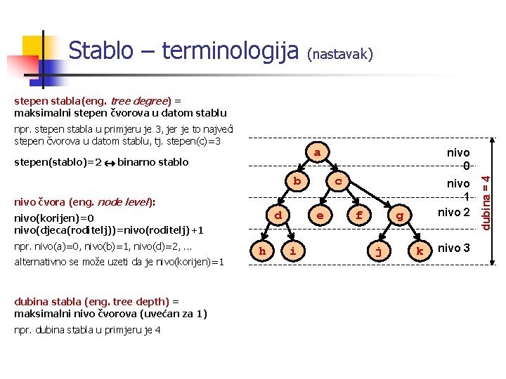 Stablo – terminologija (nastavak) stepen stabla(eng. tree degree) = maksimalni stepen čvorova u datom