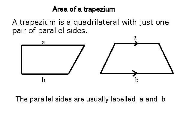 Area of a trapezium A trapezium is a quadrilateral with just one pair of