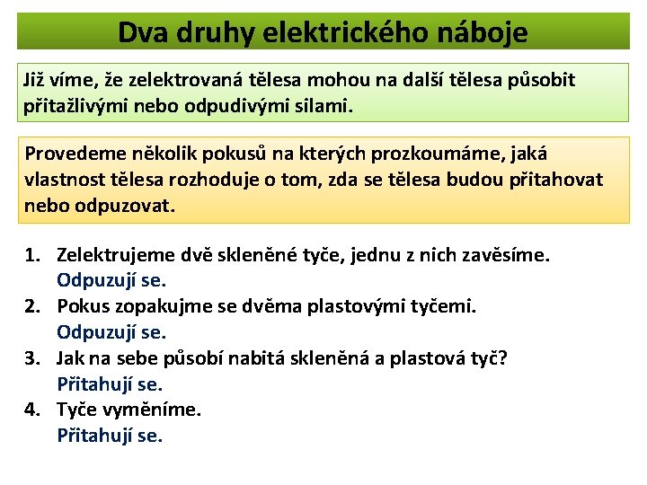 Dva druhy elektrického náboje Již víme, že zelektrovaná tělesa mohou na další tělesa působit