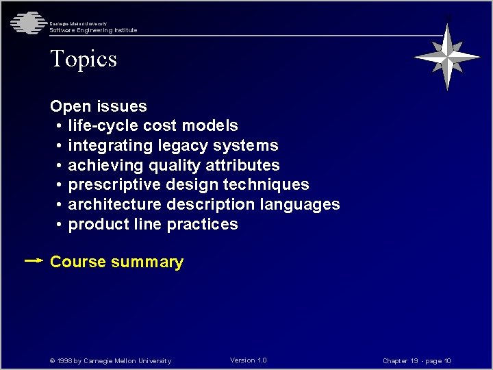 Carnegie Mellon University Software Engineering Institute Topics Open issues • life-cycle cost models •