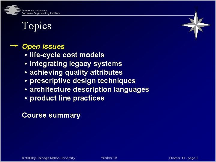 Carnegie Mellon University Software Engineering Institute Topics Open issues • life-cycle cost models •