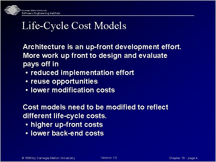 Carnegie Mellon University Software Engineering Institute Life-Cycle Cost Models Architecture is an up-front development