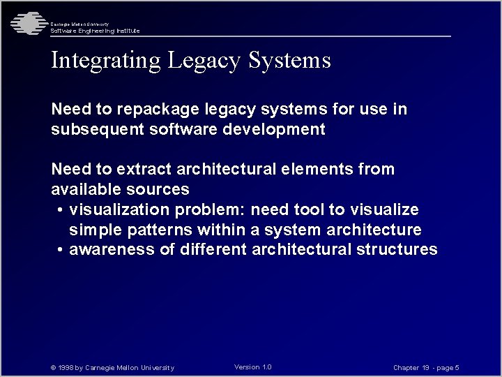 Carnegie Mellon University Software Engineering Institute Integrating Legacy Systems Need to repackage legacy systems