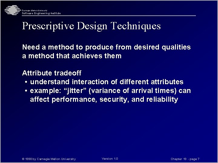 Carnegie Mellon University Software Engineering Institute Prescriptive Design Techniques Need a method to produce