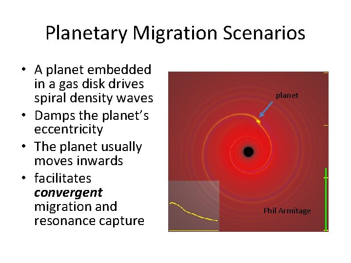 Planetary Migration Scenarios • A planet embedded in a gas disk drives spiral density Planetary Migration Scenarios • A planet embedded in a gas disk drives spiral density