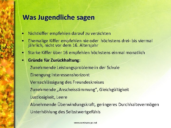 Was Jugendliche sagen • Nichtkiffer empfehlen darauf zu verzichten • Ehemalige Kiffer empfehlen nie