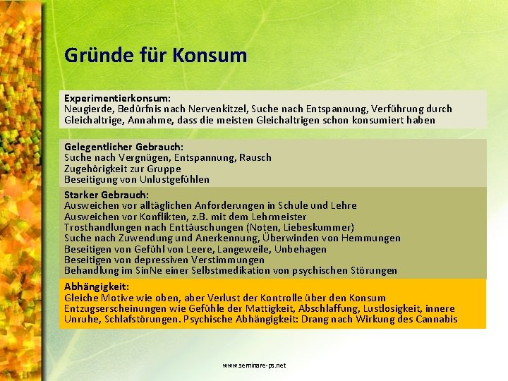 Gründe für Konsum Experimentierkonsum: Neugierde, Bedürfnis nach Nervenkitzel, Suche nach Entspannung, Verführung durch Gleichaltrige,