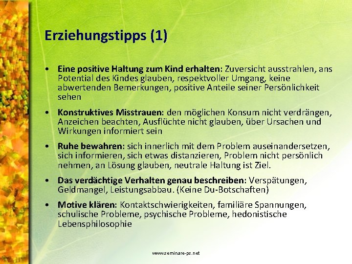 Erziehungstipps (1) • Eine positive Haltung zum Kind erhalten: Zuversicht ausstrahlen, ans Potential des