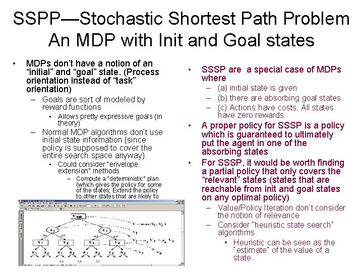 SSPP—Stochastic Shortest Path Problem An MDP with Init and Goal states • MDPs don’t