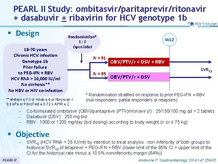 PEARL II Study: ombitasvir/paritaprevir/ritonavir + dasabuvir + ribavirin for HCV genotype 1 b §