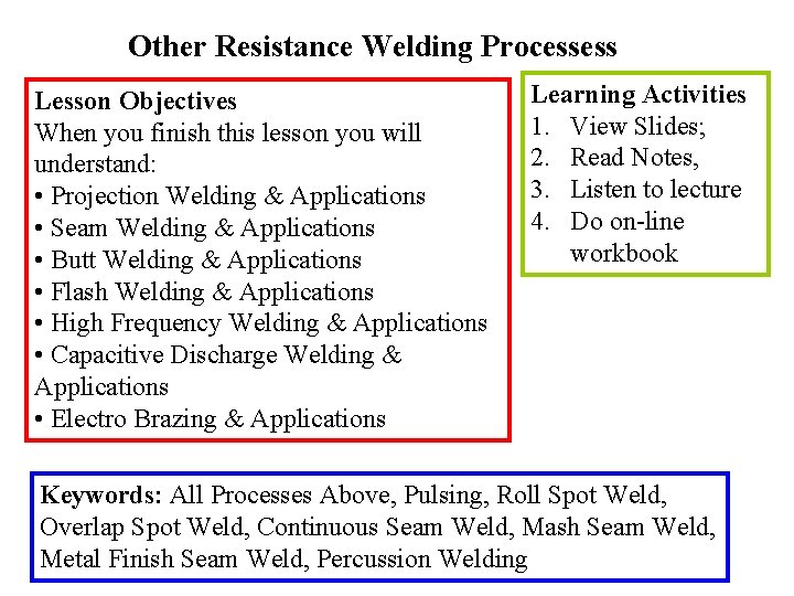 Other Resistance Welding Processess Lesson Objectives When you finish this lesson you will understand: