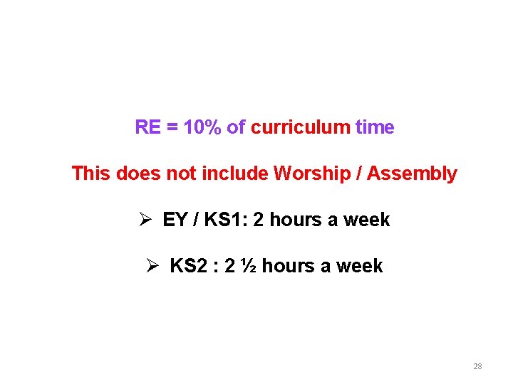 RE = 10% of curriculum time This does not include Worship / Assembly Ø