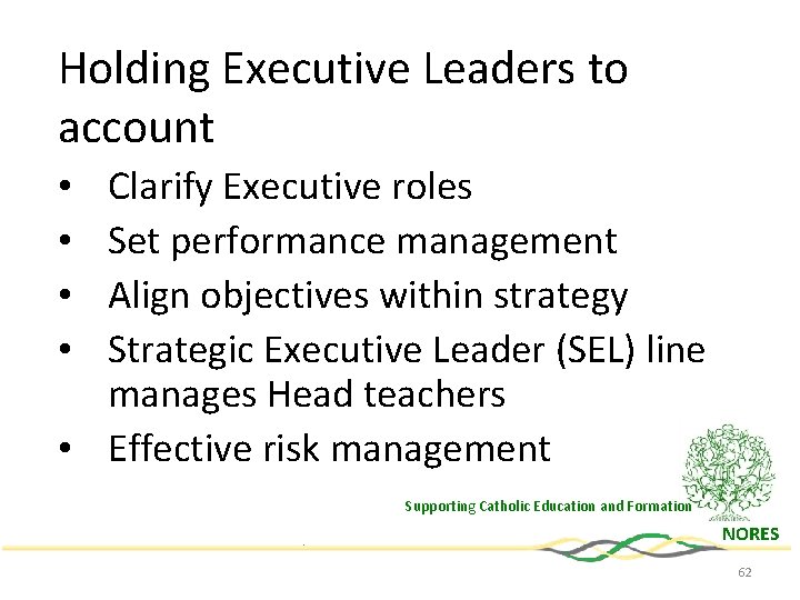 Holding Executive Leaders to account Clarify Executive roles Set performance management Align objectives within