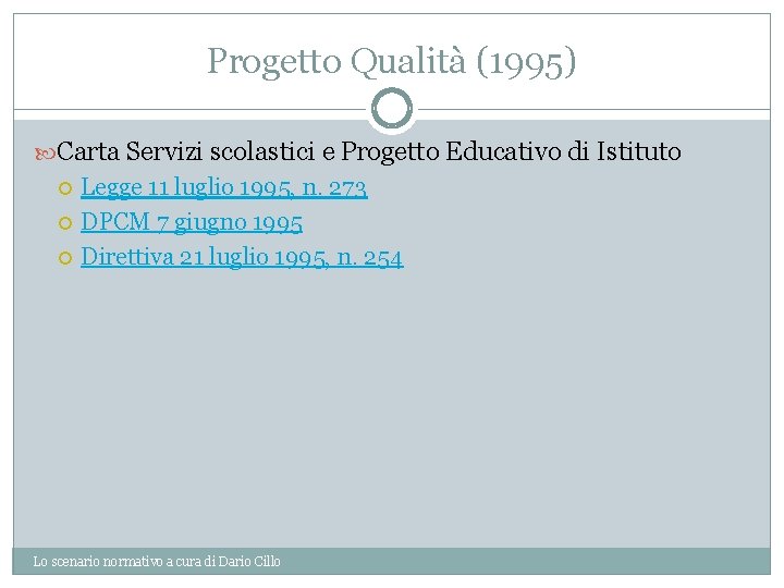 Progetto Qualità (1995) Carta Servizi scolastici e Progetto Educativo di Istituto Legge 11 luglio