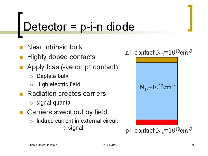 Detector = p-i-n diode n n n Near intrinsic bulk Highly doped contacts Apply