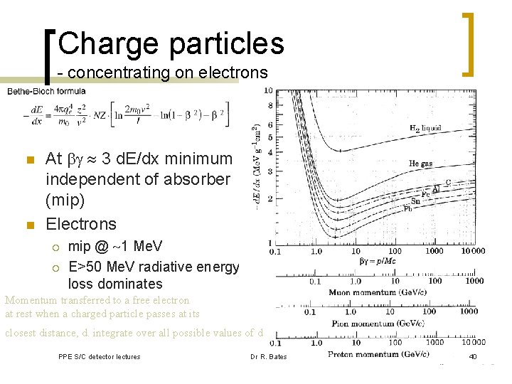 Charge particles - concentrating on electrons n n At 3 d. E/dx minimum independent