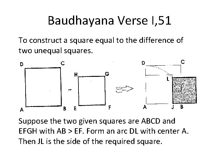 Baudhayana Verse I, 51 To construct a square equal to the difference of two