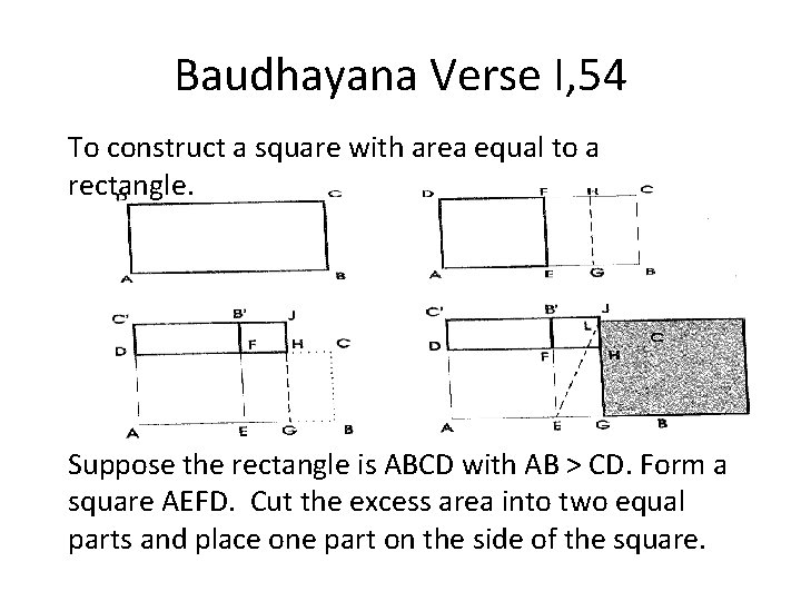 Baudhayana Verse I, 54 To construct a square with area equal to a rectangle.