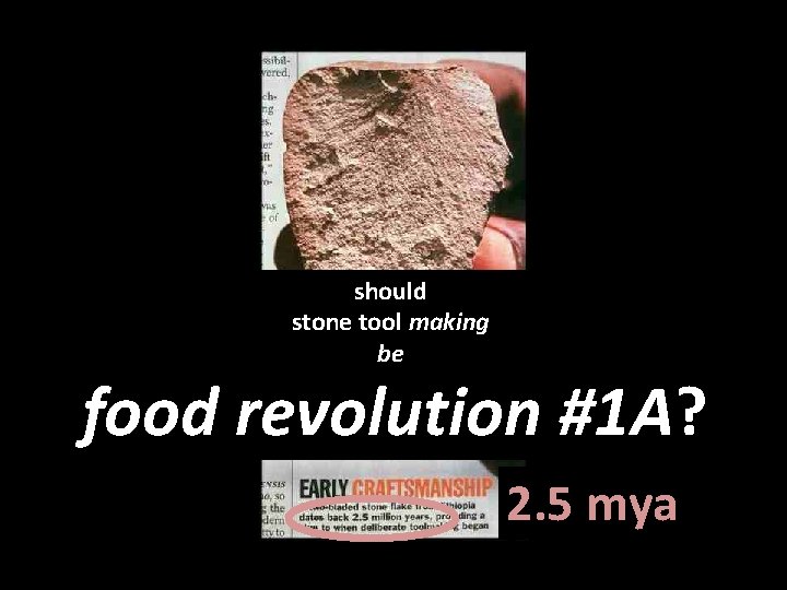should stone tool making be food revolution #1 A? 2. 5 mya 