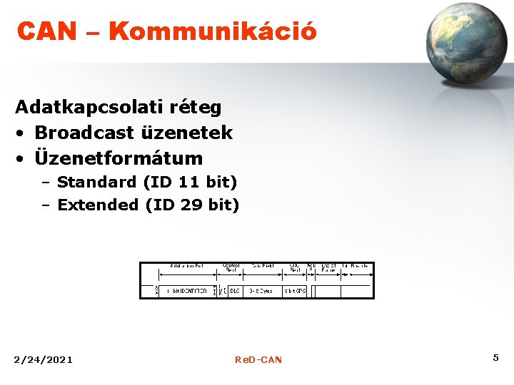 CAN – Kommunikáció Adatkapcsolati réteg • Broadcast üzenetek • Üzenetformátum – Standard (ID 11