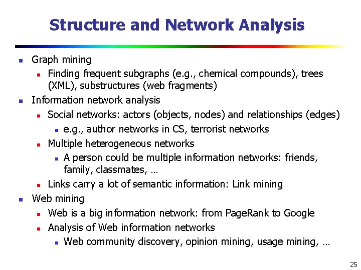 Structure and Network Analysis n n n Graph mining n Finding frequent subgraphs (e.