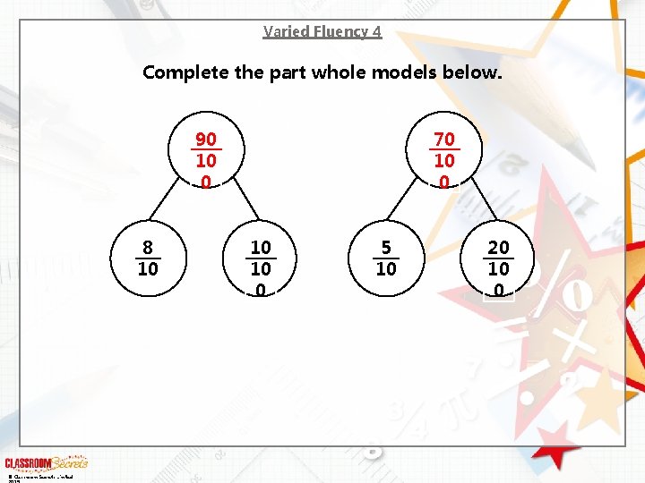 Varied Fluency 4 Complete the part whole models below. 90 10 0 8 10