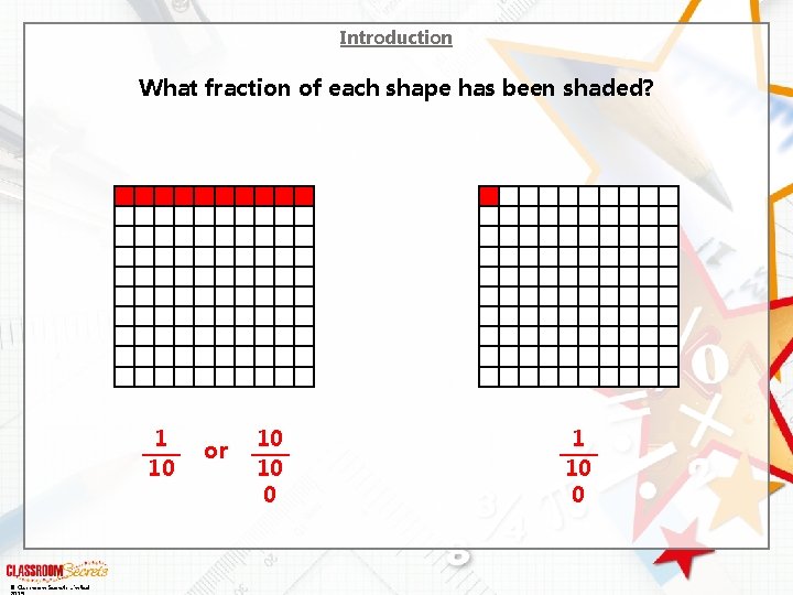 Introduction What fraction of each shape has been shaded? 1 10 0 © Classroom