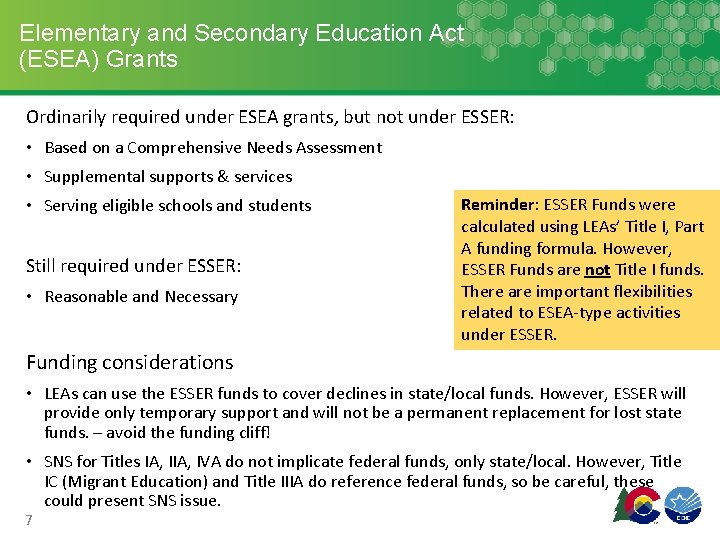 Elementary and Secondary Education Act (ESEA) Grants Ordinarily required under ESEA grants, but not