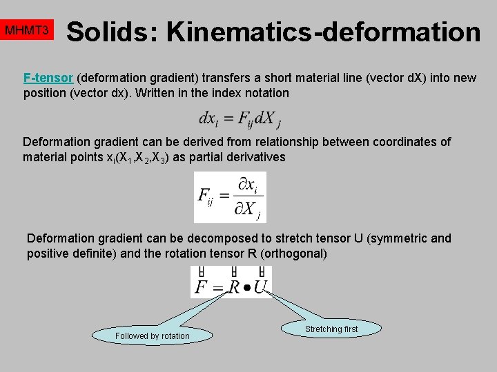 MHMT 3 Solids: Kinematics-deformation F-tensor (deformation gradient) transfers a short material line (vector d.